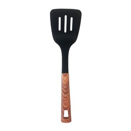 JS Gourmet Soft Touch Nylon Slotted Turner with Wood Grain Handle and Hanging Hole, Heat Resistance, Non Stick Flexible Flipper Spatula, for Flipping Pancakes, Fish, Eggs and More