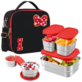Insulated Lunch Box Set, Bow Mouse Preppy Initial Lunch Bag With Stainless Steel Bento Box, Cooler Snack Food Containers Back To School Gift Girls Teens Kid Women For Picnic Park Work Travel Black I