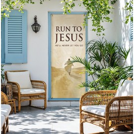 KRHFG Jesus Christian Door Cover Decorations, Run to Jesus Bible Verse Christian Door Curtains Banners Photography Background Backdrop for Doorways Indoor Outdoor Decoration, 35 * 79 Inch