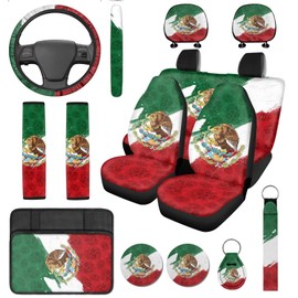 DBBXHZJY Mexican Car Seat Covers Mexico Flag Car Accessories Full Set Auto Seats Protector Include Steering Wheel Cover Seatbelt Cover Pad with Keychains Cup Coaster Interior Decor 14 Pcs