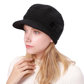 Huakunda Women's Knitted Hat Berets Winter Soft Lining Wool Hat Women Beanie Hat Warm Peaked Hat Mum Chunky Knit Beret Hat, black