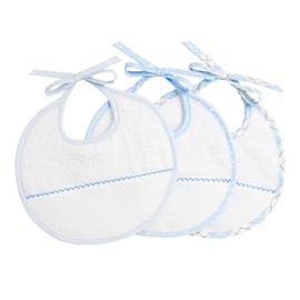 Filet - Set of 3 White Cotton Terry Bibs with Embroidered Aida Insert, Ideal for Protecting Your Child's Clothes, 100% Made in Italy, White Sky, white and sky