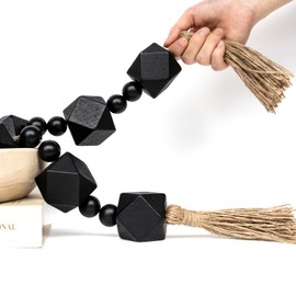 RUIRUICO Extra Large Wood Bead Garland with 2" Diameter Geometric Wooden Beads, Wooden Beads Garland with Tassels, Decorative Beads for Farmhouse Decor (Black, 27 Inches)