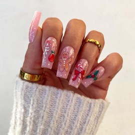 24 Pcs Christmas Press on Nails Medium Square - ZIFANHU Pink Fake Nails Press Ons Nail Art Tips Full Cover Acrylic Glossy False Nails with Snowflake Crutch Candy Design Glue on Nails for Women