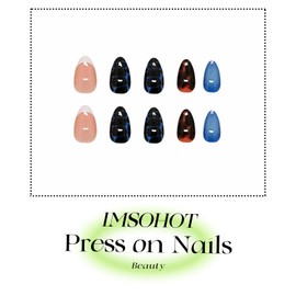 IMSOHOT Oval Press on Nails Short Fall Fake Nails Blue Ombre, Brown Amber Designs Glossy Round Acrylic Glue on Nails French Tips False Nails