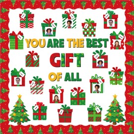 Moinchore 86 Pcs Christmas Bulletin Board with Christmas Tree Borders Christmas Xmas Gift Boxes Cutouts Winter Holiday Classroom Bulletin Board for Classroom Decoration School Home Holiday Party