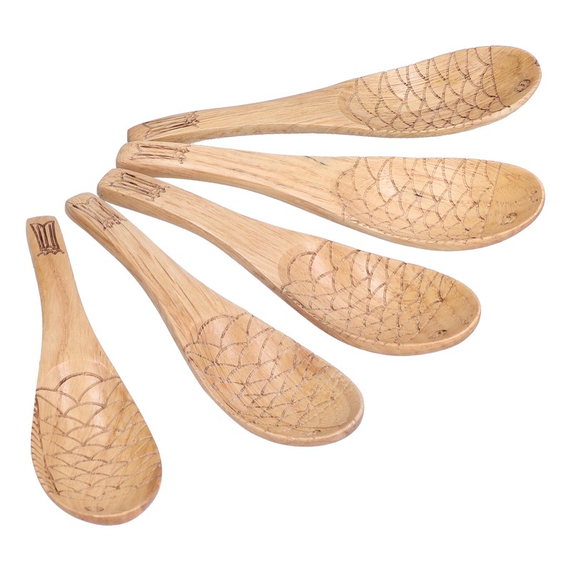 5Pcs Soup Spoon Fish Shaped Carved Wooden Rice Spoon Kitchen