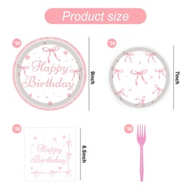 YQWIN 84Pcs Pink Bow Party Supplies - Bow Disposable Dinnerware Plates Napkins Forks for Bowknot Birthday, Coquette Birthday Decorations Baby Shower Bachelorette Bridal Shower Girl’s Theme Party Decor