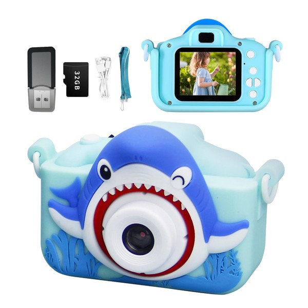 HD Digital Video Camera for1080P with Protective Silicone Cover,Cute Portable Little Girls/Boys Gifts Kids Camera Toys for 3-12 Year Old Boys/Girls,Selfie Camera for Kids (Blue - Shark) 1