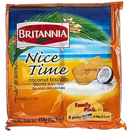 BRITANNIA Nice Time 2.8oz (80g) - Delicious Coconut Biscuit Crunchy - Kids Favorite Breakfast & Tea Time Snacks - Halal and Suitable for Vegetarians (Pack of 6)