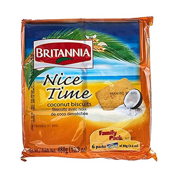 BRITANNIA Nice Time 2.8oz (80g) - Delicious Coconut Biscuit Crunchy - Kids Favorite Breakfast & Tea Time Snacks - Halal and Suitable for Vegetarians (Pack of 6)