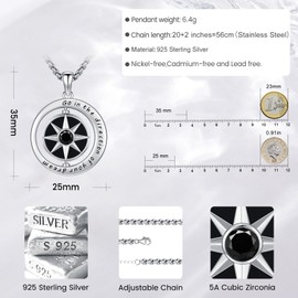 Eusense 925 Sterling Silver Compass Necklace Compass Pendant Chain Gifts for Father's Day Graduation Gift Jewellery for Men Women, Sterling Silver, No Gemstone