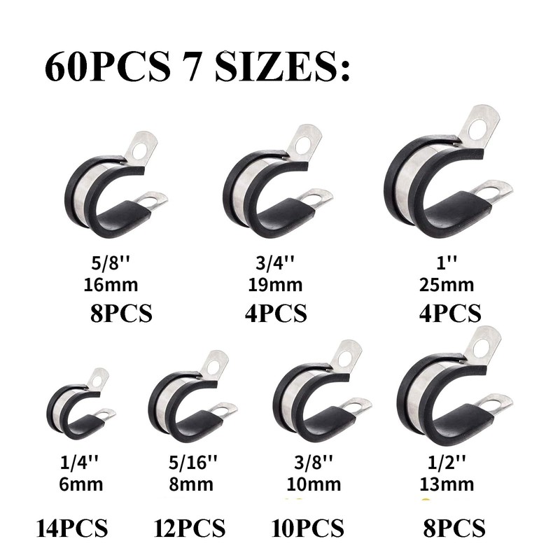 60pcs P Clips Hose Pipe Clamp Cable Clamps Assortment Kit,7