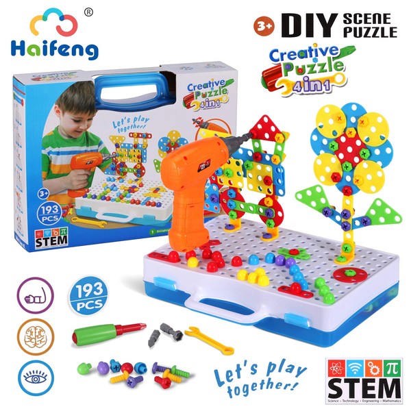 193 Pieces STEM Drill Toys Kit, DIY Creative Mosaic Drill Set for Kids, Construction Engineering Building Blocks Learning Kit for Ages 3-10 Years Old, Kids Best Toys, Creative Games & Fun Activity