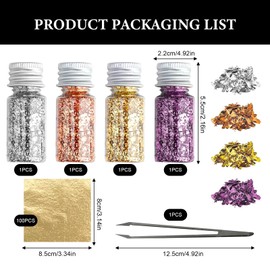 4 Colours Gold Leaf Flakes Gold Leaf for Crafts Multifunctional Decorative Gold Foil for Crafts Roll Decorative Foil Paper for Crafts and Table Decoration Celebrations with Tweezers