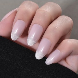 Cat Eye Press on Nails Short Almond - Nude Pink Shimmer Glossy French Tip Press on Nails for Gift, Soft Gel Press Glue On Nail with Nail Glue, Supremely Fit Full Cover Reusable Acrylic Fake Nails Kit