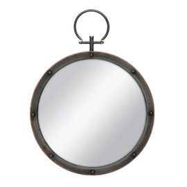 Stonebriar Round Rustic Bronze Metal Mirror with Rivet Detail & Hanging Ring for Wall, Industrial Home Décor, 21.1" x 15.7"
