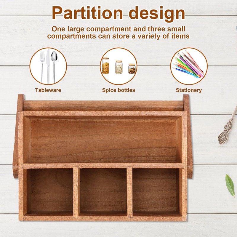 DJAPWPX Wood Silverware Caddy with Handle, 4 Compartments Utensil Holder,
