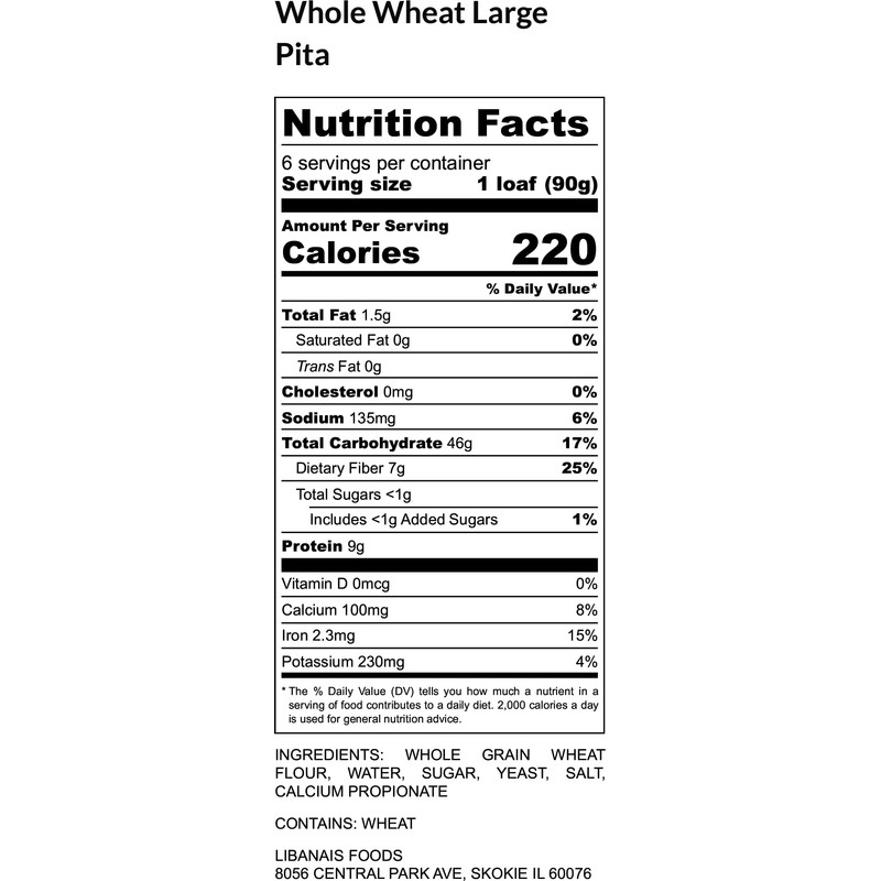 Libanais 10" Whole Wheat Traditional Lebanese Pita Bread, Vegan, Kosher,