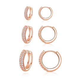 Cangall Hoop Earrings for Women, 3 Pairs 925 Sterling Silver Hoop Earrings Set with AAA Cubic Zircon, 10/12 / 14mm Round Huggie Sleeper Cartilage Hypoallergenic Small Rose Gold Hoop Earrings