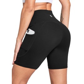 BALEAF Pantalones cortos de ciclista de cintura alta para mujer, 15,24 cm, con bolsillos, Negro, S
