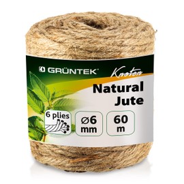 GRÜNTEK Garden Jute Twine 6 mm Thick, Binding Yarn, Garden Cord, Craft Cord Roll with 60 m, 100% Jute Yarn, Natural Colour
