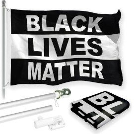 UD_G128 Combo Pack: 6 Feet Tangle Free Spinning Flagpole (Silver) Black Lives Matter (Black/White) Flag 3x5 ft Printed 150D Bras