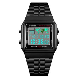 FeiWen Unisex Plastic Case and Stainless Steel Digital Sports Watches for Men and Women Fashion LED Display Multifunction Stopwatch Calendar Alarm Countdown Wristwatches, Black