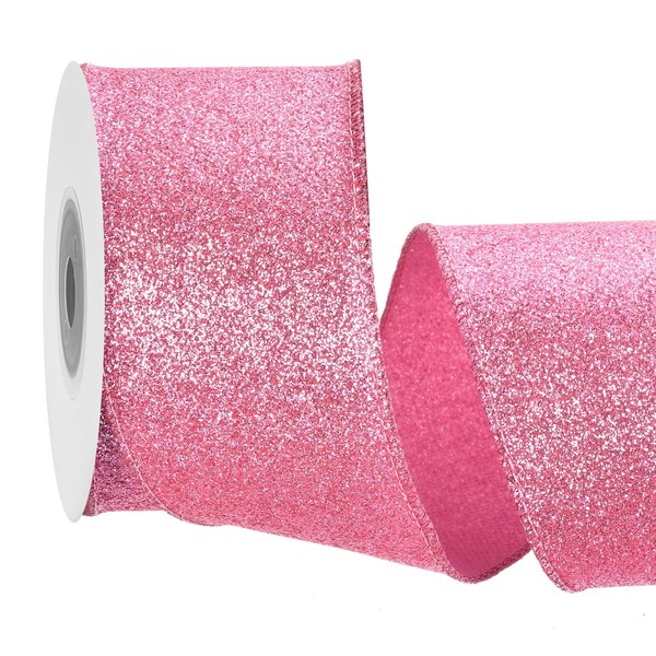 sourcing map 2.5 Inch/6.3cm Glitter Wired Ribbon, Pink Sparkly Iridescent