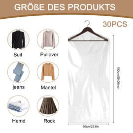 Plastic Suit Bag, Pack of 30 Transparent Hanging Garment Bags, Transparent Garment Bags, Hanging Clothes Protective Cover, Dustproof Clothing Protector for Suits, Dresses, Jackets, Shirts (60 x 150