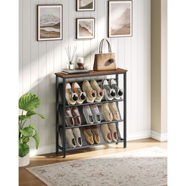 CHOEZON Shoe Rack, 4-Tier Slanted Shoe Storage Shelf, Narrow Shoe Rack for Entryway, Shoe Organizer with Adjustable Feet, Slim Shoe Shelf with Wooden Top and Metal Frame Rustic Brown and Black TXJ75BF