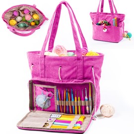MYBAGZING Large Crochet Bag and Tote - Corduroy Yarn Bag - Yarn Holder for Crocheting - Crochet Storage Bag for Crochet Hooks, Crochet Accessories, Knitting Bag for Crochet Lovers, Mother's Day Gift