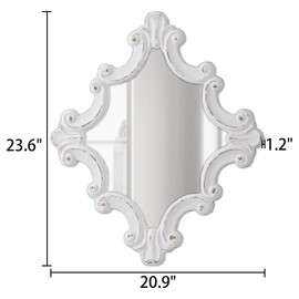 Sintosin Vintage Mirrors for Wall 21x 24 Inch, Hanging Distressed White Carved Wood Farmhouse Entryway Mirror, French Country Rustic Rhombic Diamond Mirror for Bathroom, Horizontal or Vertical