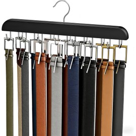 Belt Hanger for Closet Max 42 Belts, Sturdy Wood Belt Rack Closet Accessories with 14 Hooks Belt Organizer for Closet Organizers and Storage -Black 1 Pack