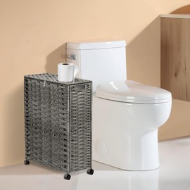 Toilet Paper Storage Basket with Lid and Wheels, Rattan Toilet Paper Holder Storage, Toilet Paper Organizer for Bathroom, Bedroom, Kitchen, 19.7”L x 7.9”W x 24.62”H, Grey