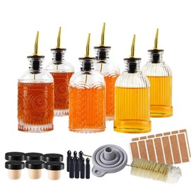 Simple Syrup Bottles Set of 6, Glass Coffee Syrup Dispenser Bottles 7 OZ With Metal Pour Spout, Labels and Stopper, Glass Syrup Dispenser for Maple Honey Syrup Oil and Sauces, SC060