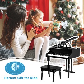 HOMGX Classical Kids Piano, 30 Keys Wood Grand Piano w/Bench Stand, Musical Instrument Educational Toy, Birthday Gift for Toddlers 3+ Boys Girls (Straight Leg, Black)