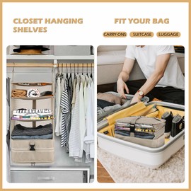 Surblue Hanging 3-Shelf Closet Organizer Foldable Travel Storage Bag for Clothes Washable Oxford Fabric with 2 Hooks Beige L