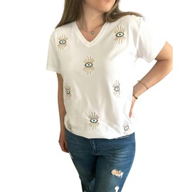 Evil Eye Tshirt - Ultra Soft%100 Organic Cotton Turkish Protection Nazar Sequin Blouse for Women - Greek Charm White (US, Alpha, Medium, Regular, Regular, Small, White)