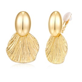 FILMOON Gold-Plated Clip-On Earrings Non-Pierced Fan Shell Statement Earrings Textured Coastal Jewelry