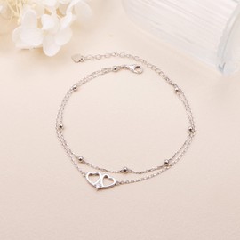 HOOHWE Heart Anklets for Women 925 Sterling Silver Double Layered Ankle Bracelet Adjustable Beads Foot Chain Summer Beach Jewelry Birthday Gifts for Teen Girls