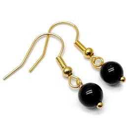 Tiny Black Onyx Bead Earrings, 6mm Round Beads on Nickel Free Gold Tone Hooks : 29mm long, Handmade Natural Stone Beaded Drop Earrings for Women