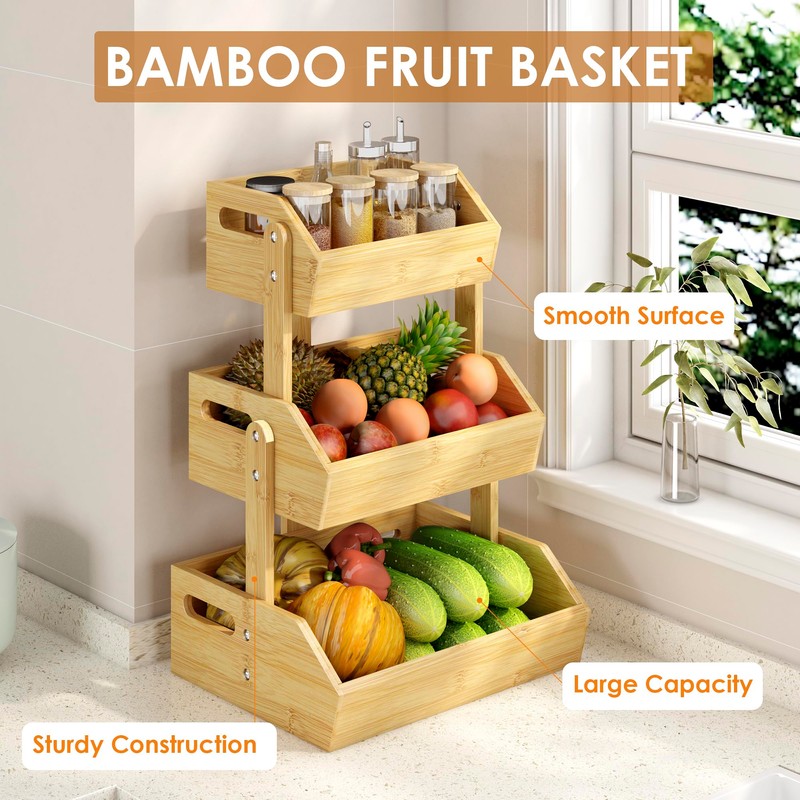 JANSNIMEN 3 Tier Bamboo Fruit Basket, Fruit Basket for Kitchen