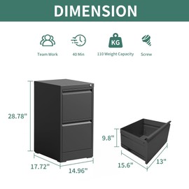 FLIXELIO 2 Drawer File Cabinet with Lock,Metal Vertical Filing Cabinets for Home Office,Heavy Duty File Storage Cabinet for Letter/Legal/A4/F4 Size File,Assembly Require (Black, Vertical 2 Drawer)