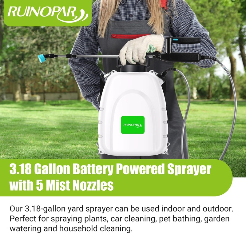 Battery Powered Sprayer 3.18 Gallon,Powerful Electric Sprayer with 5 Mist