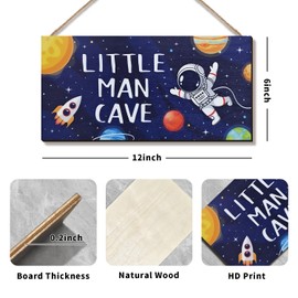 ZIEYOMI- Little Man Cave Sign Space Boys Room Decor, Astronaut Theme Bedroom Nursery Decor Hanging Wall Art, Wooden Plaque Outer Space Decor for Toddler Boys Room Kids Playroom Decorations