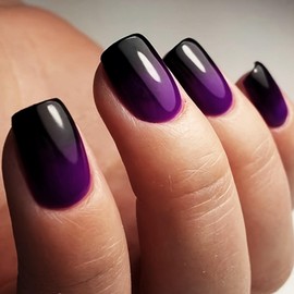 French Tip Press on Nails Short Square Fake Nails Purple & Black Gradient False Nails Advanced Beauty Glossy Glue on Nails Full Cover Stick on Nails Acrylic Nails for Women Girls 24 Pcs