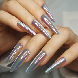 Artquee Green Laser Press on Nails Extra Long Almond Fake Nails Stiletto False Nails Art Chrome Glossy Artificial Reusable Stick on Nails - 30 Nail Kit