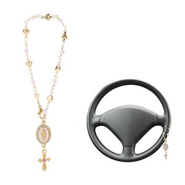 Lyreh Steering Wheel Rosary Charm, Golden Steering Wheel Rosary Accessory with Virgin Mary and Crucifix Charm Car Interior Rearview Mirror Decor Delicate Gift for Catholic Women Men