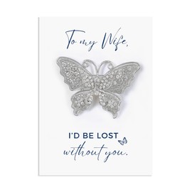 Flying Clear Crystal Butterfly Brooch Pin with 'To my Wife' Message Card & Envelope Romantic Partner - Silver Filigree